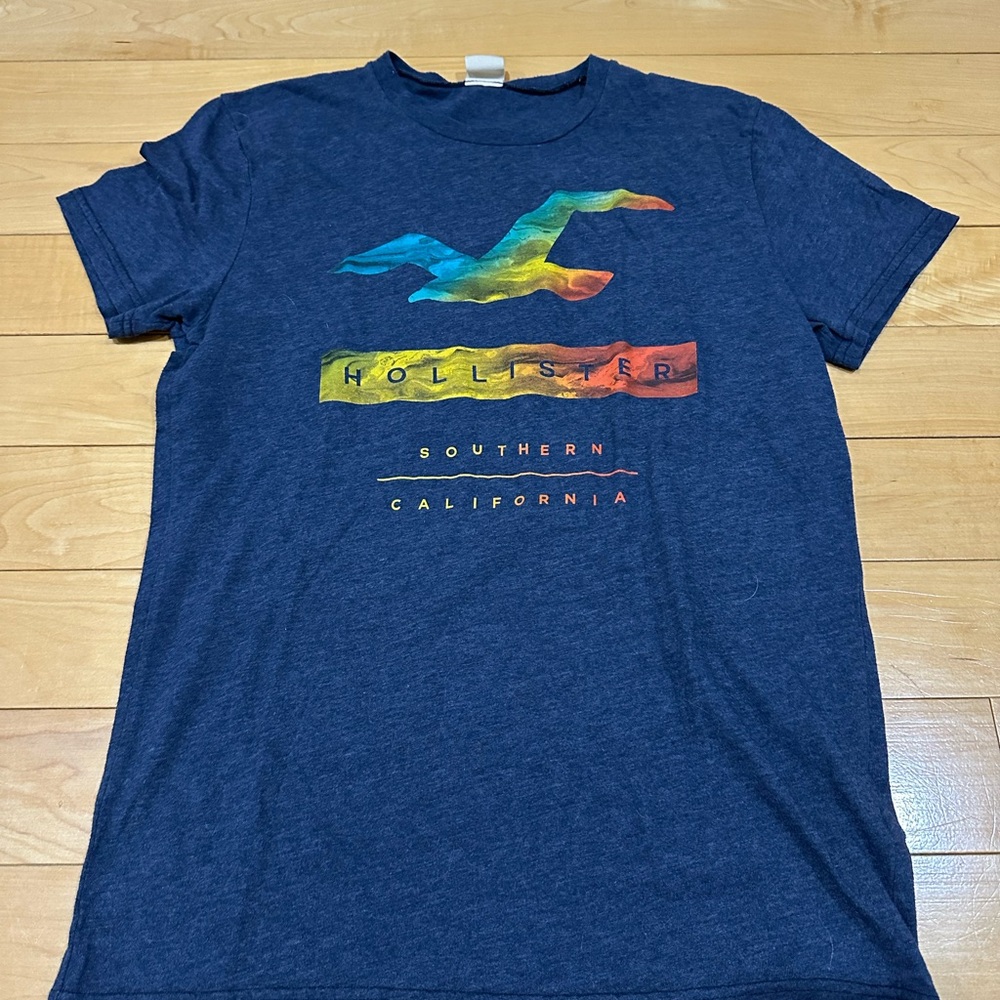 Hollister Men's Navy Tee with Colorful Logo